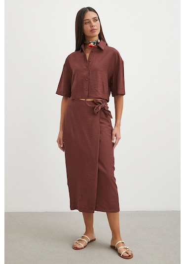 Uterpe Mocha Tie Dye Cropped Shirt Kahverengi