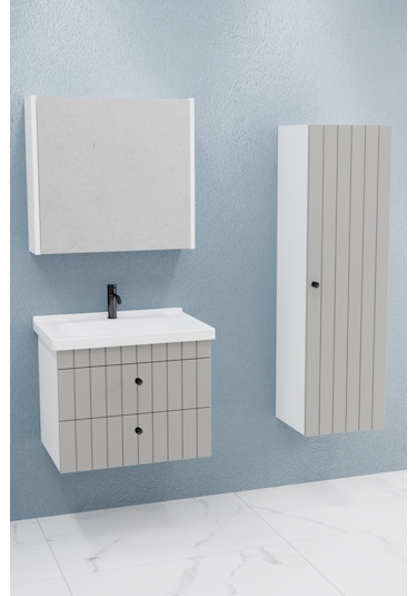 Petit 65 Cm Banyo Dolabı Bgn Aynalı Gri - Boy Dolap Dahil Gri