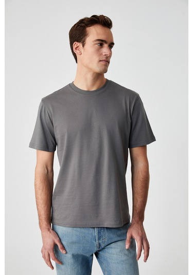 Solo Erkek %100 Organik Pamuklu Kalın Dokulu Comfort Fit Bisiklet Yakalı Gri T-Shirt