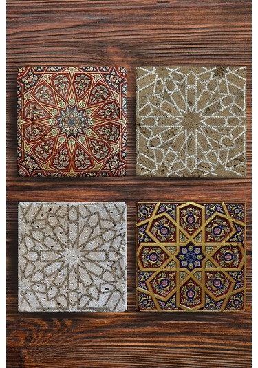 Baskılı Doğal Taş Bardak Altlığı 4'lü Set 10X10X1 CM Çok Renkli