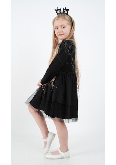 Kuromi Siyah Tül Detaylı Kız Çocuk Elbisesi Siyah
