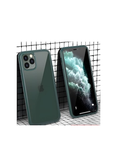 Apple Uyumlu iPhone 11 Pro Max Kılıf Dor Silikon Temperli Cam Kapak Koyu Yeşil