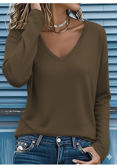 Tua Moda Kadın Uzun Kollu V Yakalı Viskon Iki Iplik Bluz SÜTLÜ KAHVE
