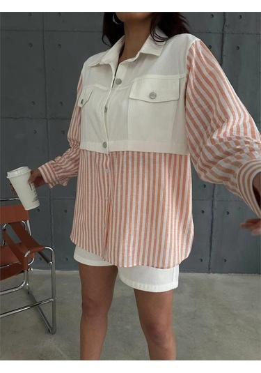 Gabardin Şort - Gabardin - Çizgili Keten Garnili Ceket Takım - Orange Orange