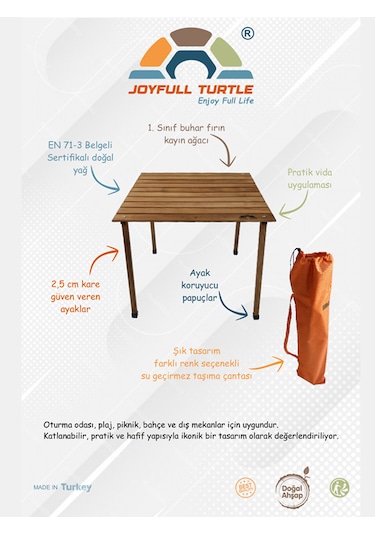 Joyfull Turtle 50x50x50 Cm Ahşap Katlanır Rulo Kamp Masası - Kayın