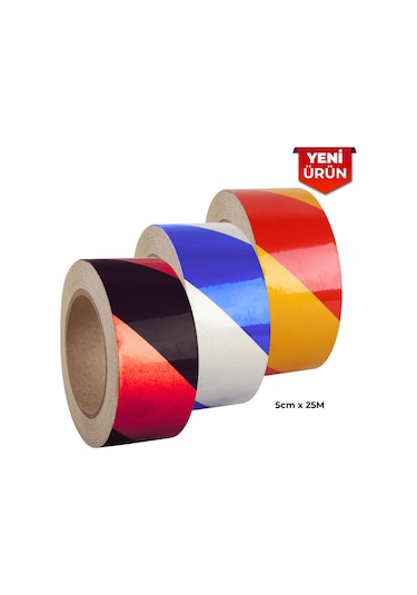 Reflektif Fosforlu Çapraz Şerit Bant, Çift Renk Reflekte İkaz Bandı 5cm X 25m - Beyaz Mavi 6002