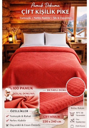 Şaheser %100 Pamuk Çift Kişilik Pike 240x220 Tek Pike -brick Red Kırmızı