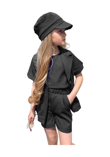 Riccotarz Kız Çocuk Kolsuz Penye Bluz Kısa Kollu Blazer Ceket Şapkalı Siyah Şortlu Takım Siyah