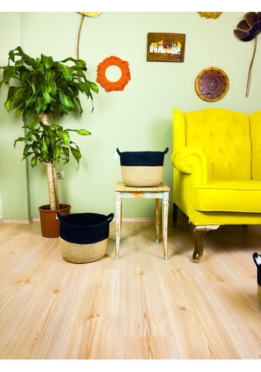 Bitki Tasarımı Düzenleyici Kulplu Üstü Siyah Şeritli Doğal Örgü Sepet İkili Set Büyük-orta