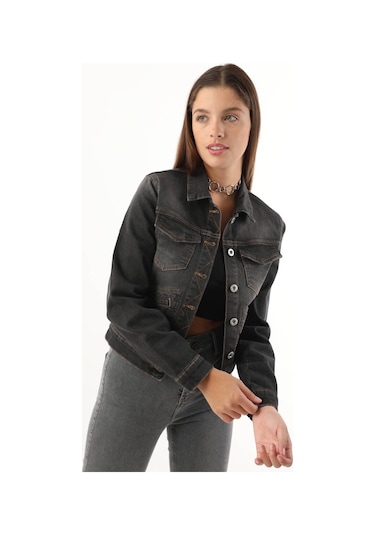 Kadın Cep Detaylı Slim Fit Jean Ceket Siyah 001