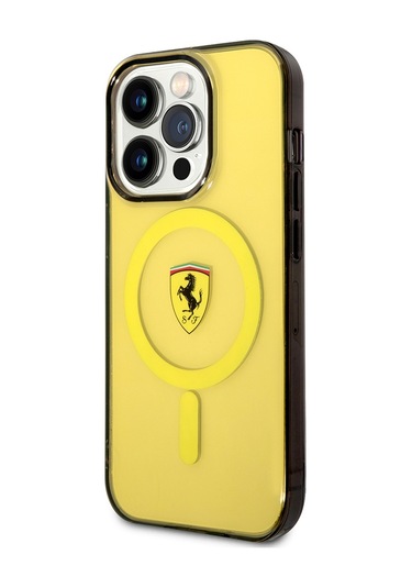İphone Uyumlu 14 Pro Max Kılıf Ferrari Magsafe Şarj Özellikli Yarı Transparan Dizayn Kapak Sarı