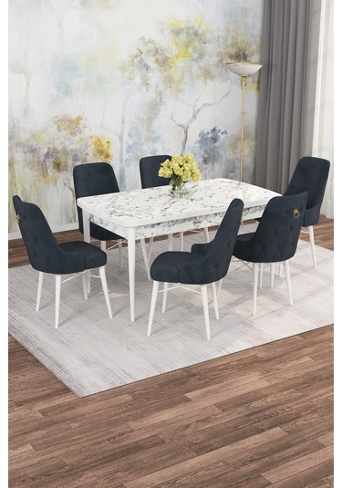 Mona Beyaz Mermer 80x132 Açılabilir Mdf Masa Yemek Odası Takımı, Mutfak Takımı 6 Adet Sandalye Beyaz Mermer - 6 Antrasit - Beyaz Ayak