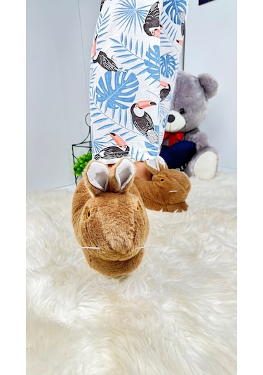 Kadın Panduf Tavşan Figürlü Peluş Ev Botu Desenli Düz Taban Rahat Hafif 359 Kahve