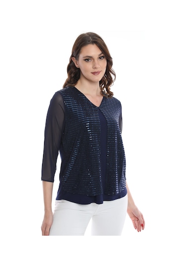 Ella Camelia Kadın Kolları Tül Detaylı Bluz 19E040 Lacivert