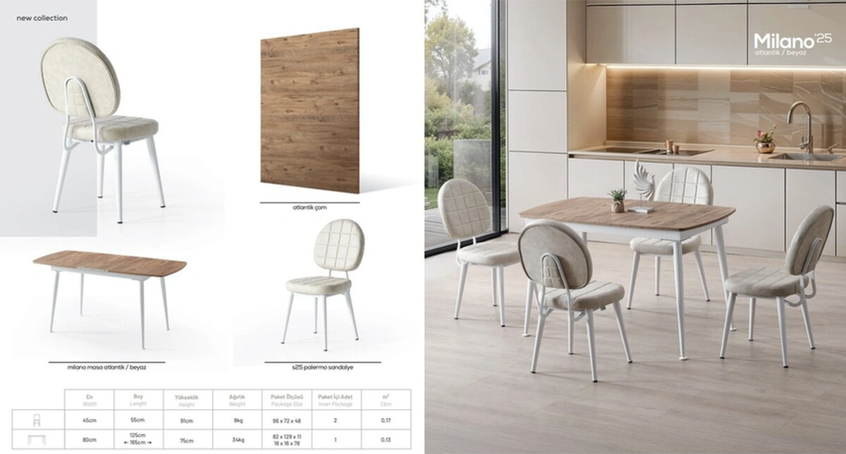 Dengema Milano 25 Açılır Masa Takımı Ceviz Desen & Beyaz Ayak 80 125 165 Cm, 4 Sandalyeli Ceviz Desen - Beyaz Ayak