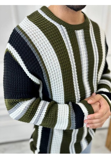 Kazak Oversize Renkli Örgü Desenli Naturel Pamuk Bol Kesim Salaş Triko Kazak Siyah