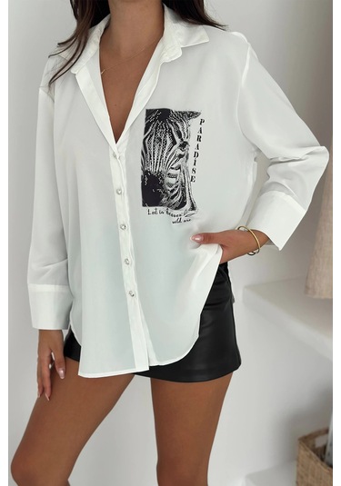 Zebra Desen Baskılı Taşlı Gömlek Beyaz