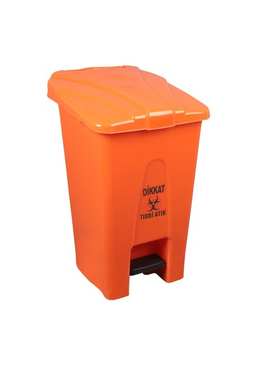 Safell Pedallı Tıbbi Atık Çöp Kovası 70Lt -Turuncu Çöp Konteyneri