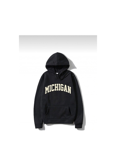 Unisex Oversize Mıchıgan Baskılı Kapüşonlu Sweatshirt siyah