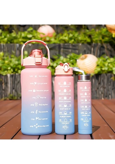 Su Şişesi 2 Litre Sulu Kalın Motivasyonlu Sızdırmaz Plastik Spor Şişe 3ps-pink Blue 2.0l 3ps-pink Blue