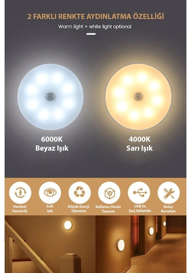 Technojet Usb Şarjlı Işık Renk Seçenekli Akıllı Hareket Sensörlü Spot Led Kablosuz Lamba 1 Adet
