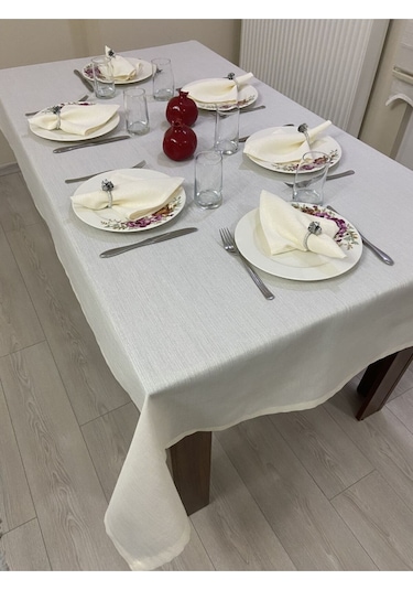 Keten Görünümlü Dertsiz Simli Masa Örtüsü Bej