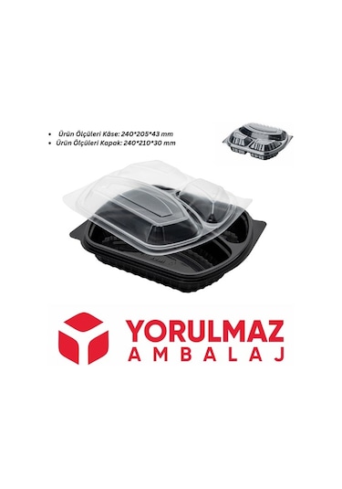 3 Bölmeli Kapaklı Mikrodalga Yemek Kabı 50 Adet Siyah