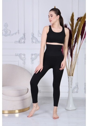 Iki Beden Extra Yüksek Bel Lazer Kesim Siyah Korse Tayt SiYAH