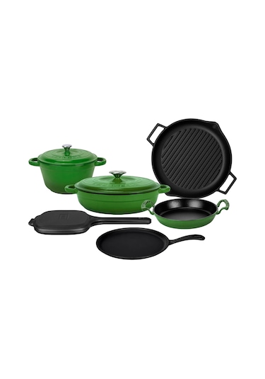 Lava Döküm 6x Trendy Serisi 9 Parça Tencere & Tava Seti Yeşil Kırmızı