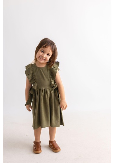 Oliventhekid Yanları Bağcıklı Kolsuz Fırfırlı Keten Sırtı Düğmeli Kız Çocuk Elbise Haki Haki