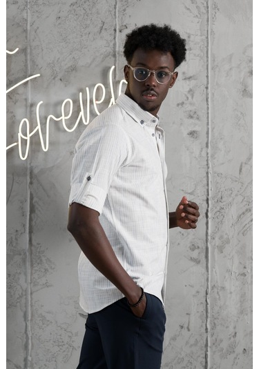 Advante İnce Çizgili Yaka Düğmeli Katlamalı Kol Pamuklu Slimfit Yazlık Keten Gömlek Mavi