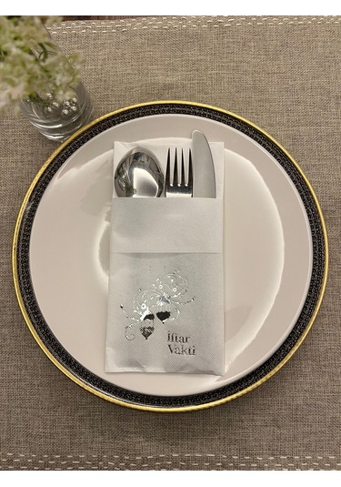 Gümüş Yaldızlı Beyaz İftar Vakti Cepli Peçete 12 Adet
