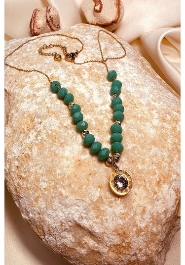 Turkuaz Boncuk Zirkon Tek Taşlı Gold Renk Paslanmaz Çelik Kadın Zincir Kolye