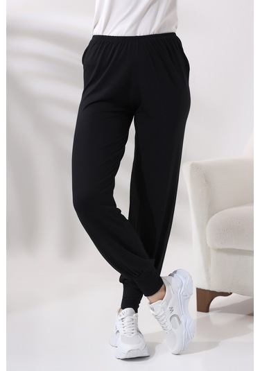 Kadın Siyah Beli Lastikli Ferace Altı Rahat Kesim Tesettür Şalvar Pantolon 001