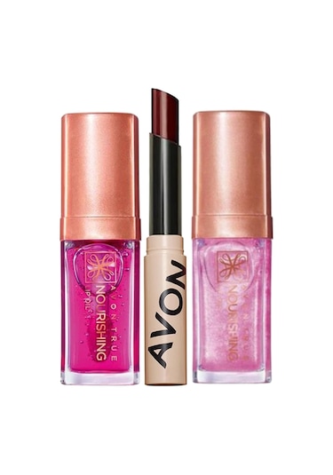 Avon Tinted Lip Balm Renkli Dudak Balmı Plum + True Nourishing Dudak Yağı Blossom + True Nourishing Dudak Yağı Shimmering Petal