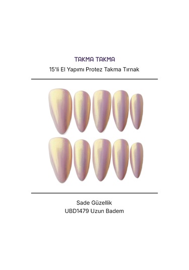15'li Ten Rengi Uzun Badem Ubd1479 Tekrar Kullanılabilir El Yapımı Protez Takma Tırnak L