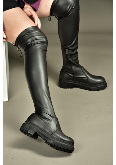 Fox Shoes V7264253 Siyah Deri Streç Kadın Çizme Siyah