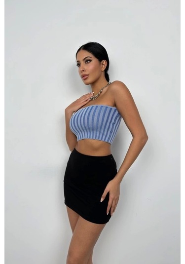 Defymoda Straplez Fitilli Crop A.mavi-k.mavi