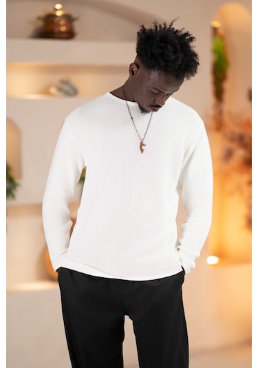 Regular Fit Likralı Kendinden Çizgili Mevsimlik Spor Kazak Beyaz