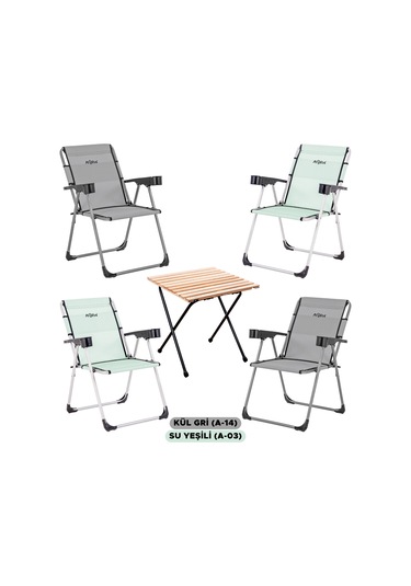 4 Adet Katlanır Kamp Sandalyesi Ve Masa Seti - Rock - Kül Gri / Su Yeşili - Bardaklıklı - 140 Kg Çok Renkli