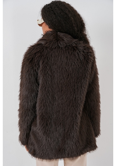 Kadın Kemerli Oversize Kürklü Kaban 9156 - Kahverengi Kahverengi
