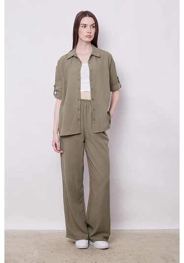 Kadın Keten Düşük Omuzlu Yakalı Kapri Kol Apoletli Gömlek -haki Haki