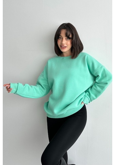 Kadın Mint Yeşili Bisiklet Yaka Oversize Sweatshirt Mint Yeşili