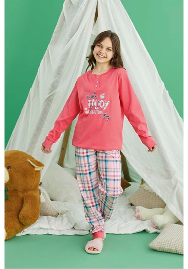 Aydoğan Kız Garson Koza İnterlok Mercan Ekose Pijama Takım 0725 Mercan