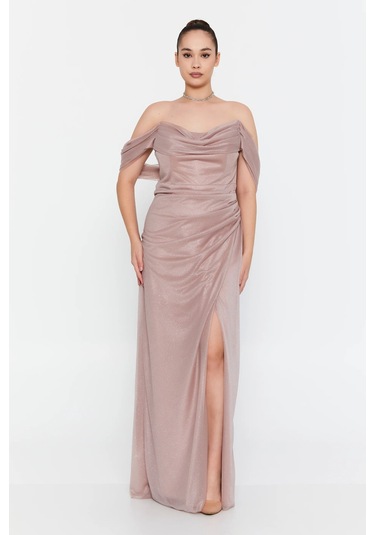 Doridorca Kadın Büyük Beden Düşük Kollu Uzun Abiye Elbise 6149 Y.vizon Y.vizon