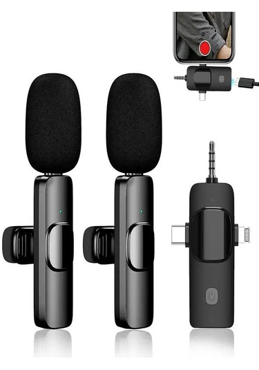 2'li Kablosuz 3in1 Yaka Mikrofonu Type-c Lighting 3.5mm Jack Uyum