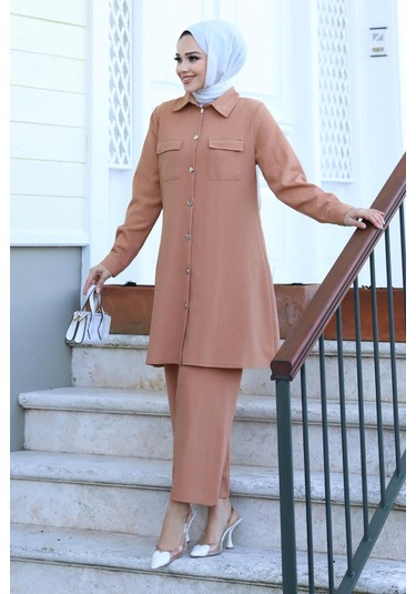 Cep Detaylı Tesettür Camel Takım Camel