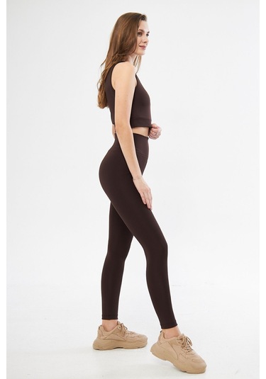 Lesa Wear Yüksek Bel Likralı Toparlayıcı Tayt Crop Takım Kahverengi