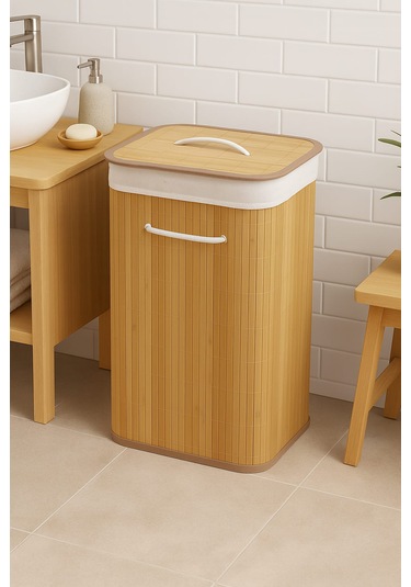 Dekorasyaa Bambu Katlanabilir Kirli Çamaşır Sepeti Dikdörtgen - 40x30x60cm Bambu