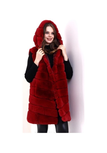 Kapşonlu Peluş Kürk Yelek Premium Kalite, Tam Astarlı, Uzun Model - Kırmızı Kırmızı